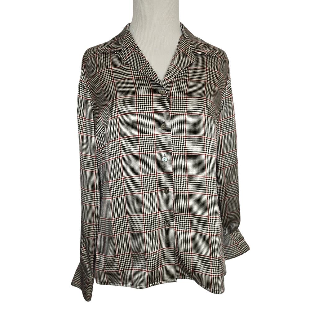 Vintage Talbots Silk Houndstooth Plaid Blouse Black Corporate Business Women 6P